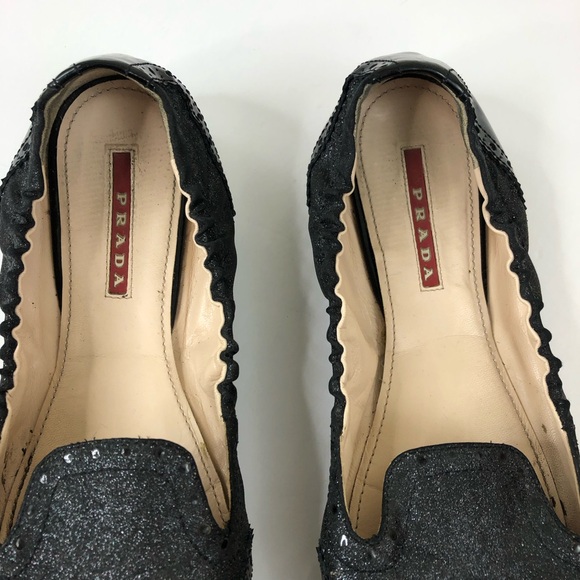 Prada Black Leather Glitter Ballet Flats size 38 - Picture 6 of 13